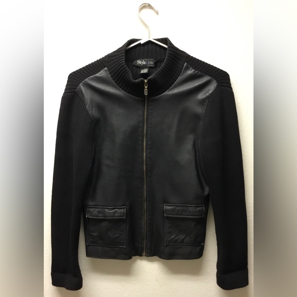 Style & Co Petite Sz L Woman’s Leather and Knit Black Full Zip Up Jacket